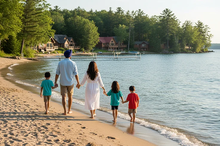 Sikh family walking on lakeside beach